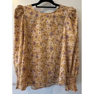 Pleione Structured Yellow Puff Sleeve Blouse Florals Womens Medium